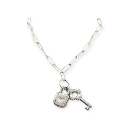 necklace silver steel chain paperclip key locker2